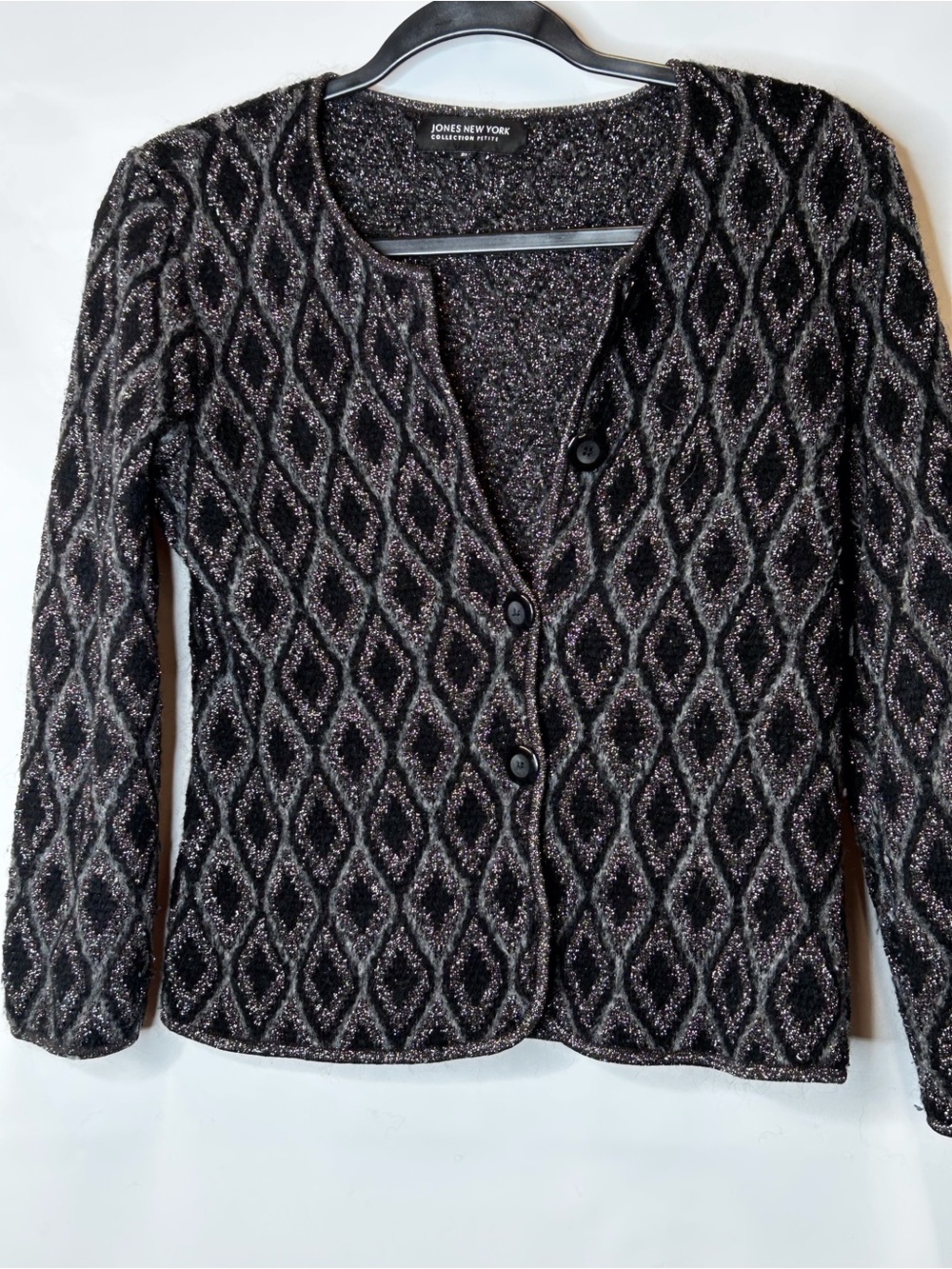Jones New York Black & Silver Diamond-Patterned Cardigan